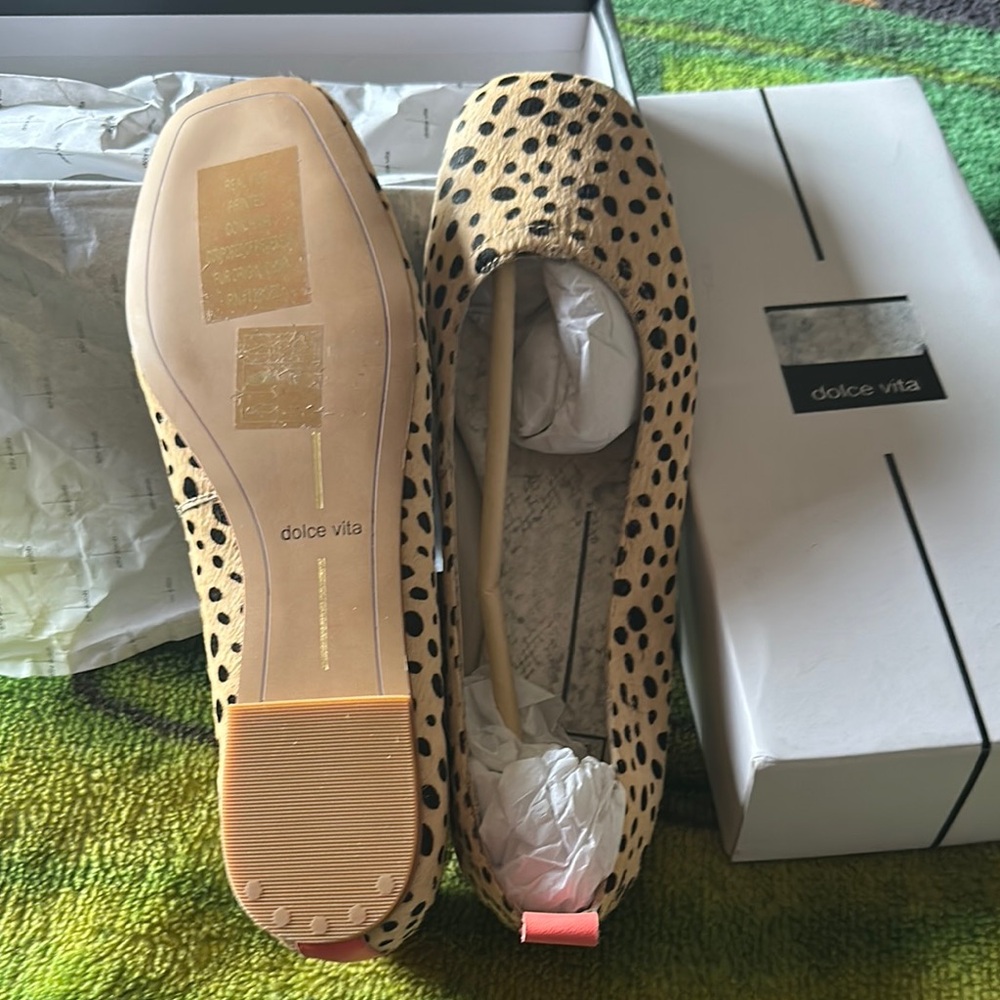 Dolce Vita Tan and Black Flats with Animal Print